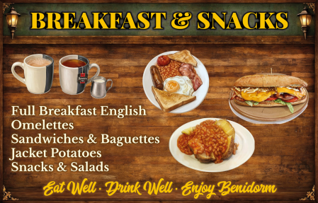 Breakfast and Snacks poster featuring full English breakfast, omelettes, sandwiches, baguettes, jacket potatoes, snacks and salads