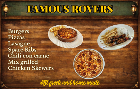 Famous Rovers poster listing burgers, pizzas, lasagne, spare ribs, chili con carne, mixed grill and chicken skewers