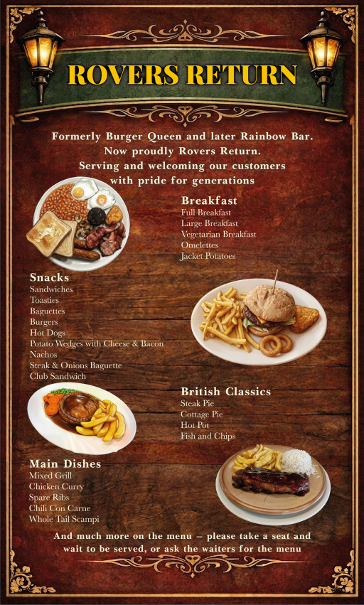 Rovers Return house poster describing the pub history and menu favourites including breakfast, snacks, British classics and main dishes